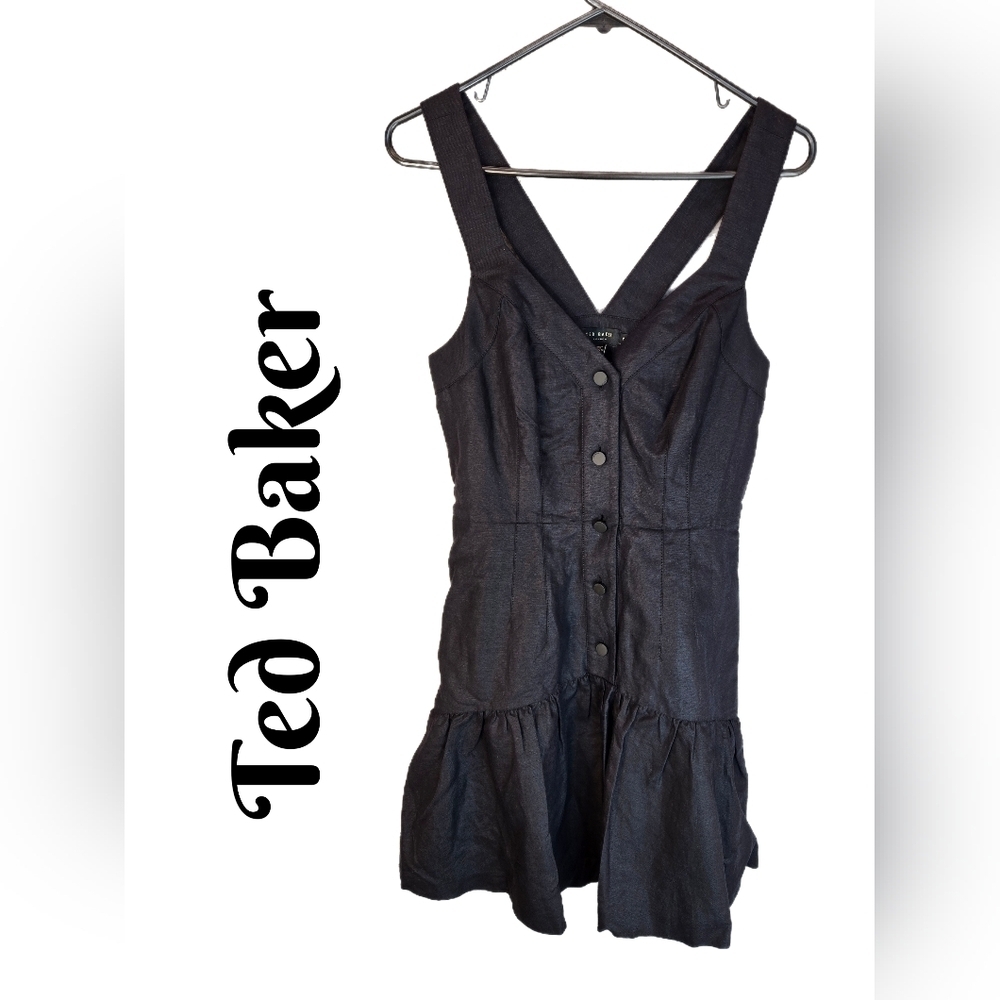 Ted Baker Black Mini Dress Sz 2=4-6 Linen Blend Ruffle Hem Front Buttons